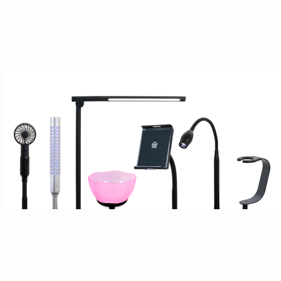 A collection of black electronic gadgets featuring Far Infrared HeatWave Technology, including a small fan, vertical LED light, desk lamp, tablet holder with a home icon, USB light, and flexible stand against a white background. A pink bowl is nestled among them. Product: Golden Tech PR511 Recliner Upgrades.